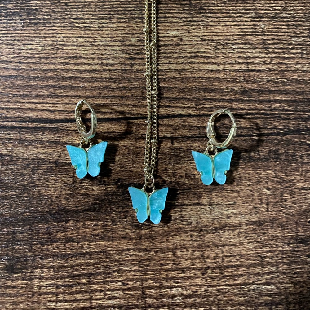 Blue butterfly earrings and necklace set
